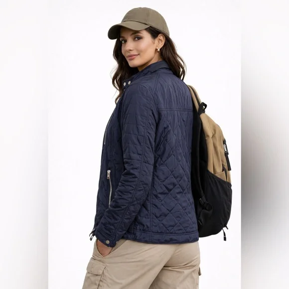 H&M Navy Quilted Lightweight Hiking Jacket Zip Front Utility Coat Sz Medium - Picture 10 of 10